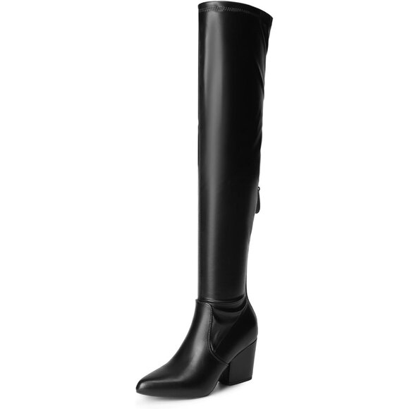 Women Faux Suede Black-pu Chunky Blocked Heel Thigh High Pointed Toe Boots - Picture 1 of 8